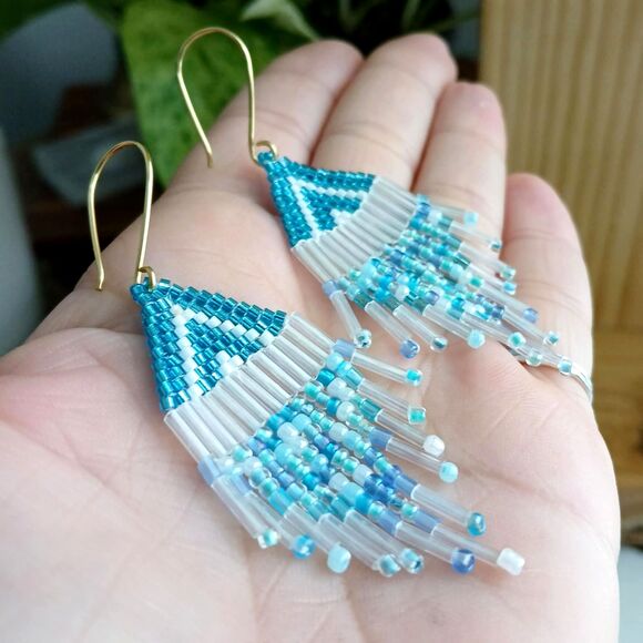 Boho Chic Beaded Cascade Fringe Dangle Earrings, Seed Bead Jewelry 3" - Picture 7 of 9